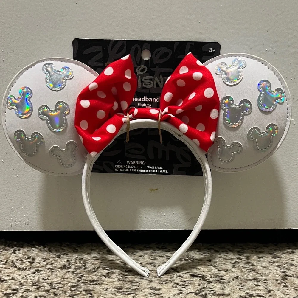 Disney Minnie Mouse White Iridescent Mickey Ears Headband Red Polka Dot Bow NEW